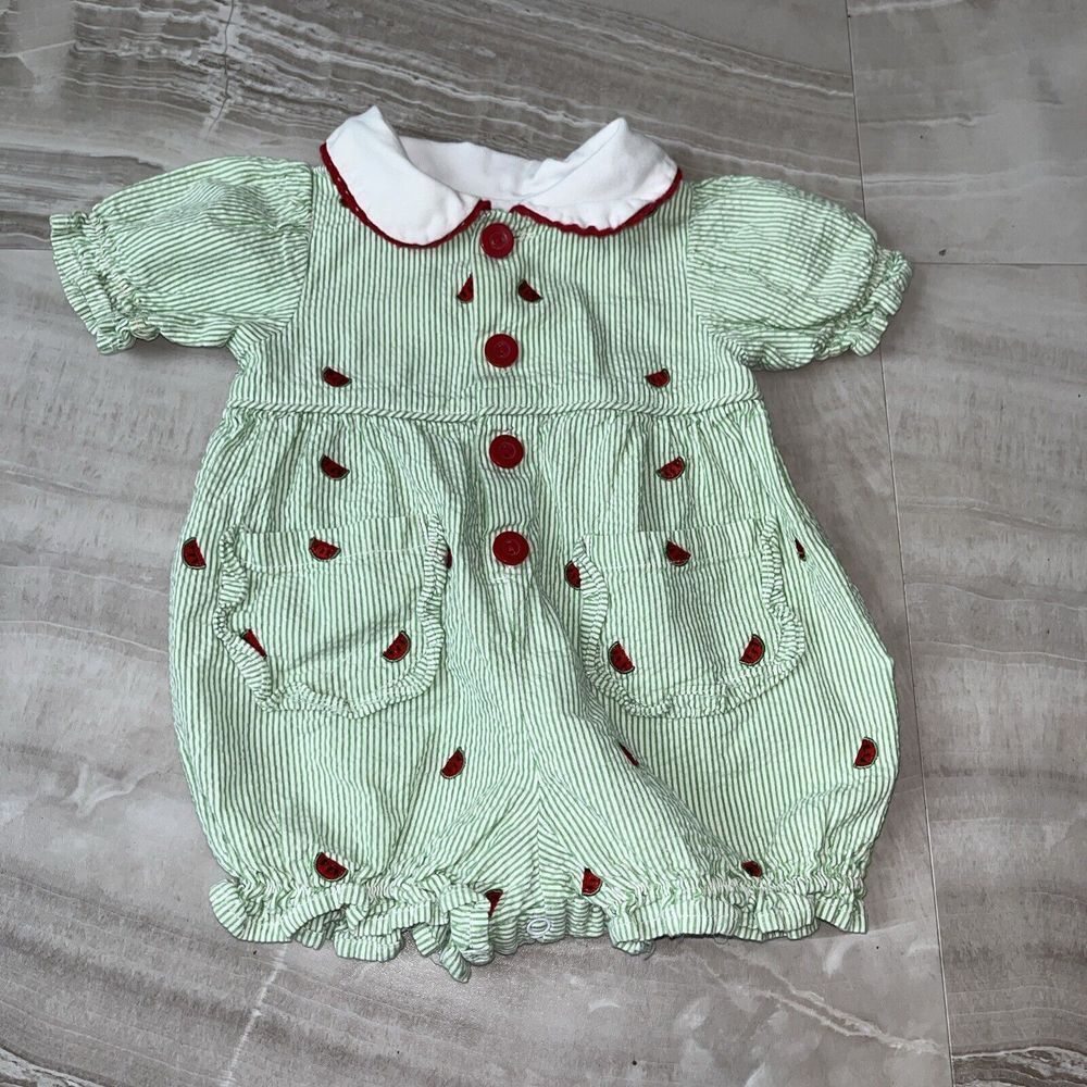 Vintage B.t. Kids Cotton Blend 3/6 Months Romper Watermelon Print Green Striped